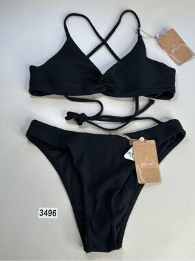 Berlook Bikini Set Small Black Ribbed Backless Top Low Waisted Bottom New
